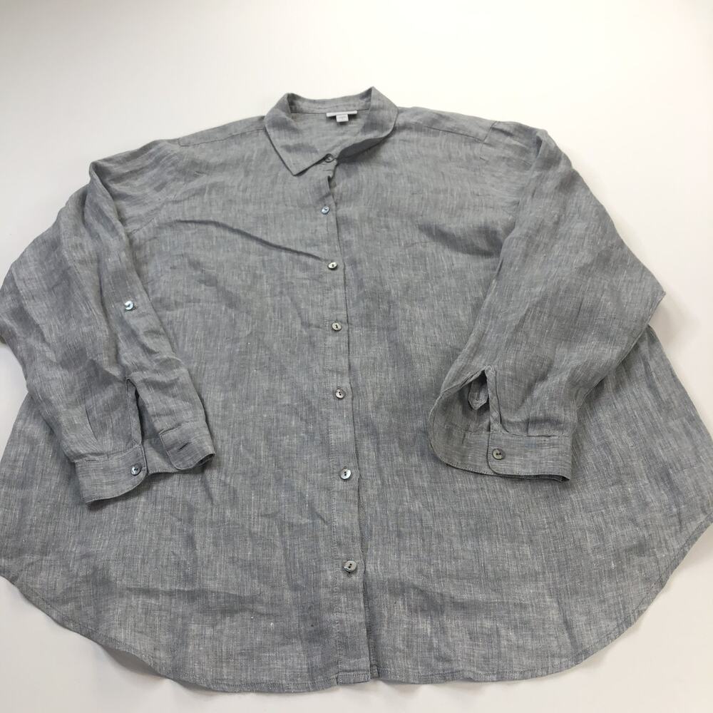 J.Jill Love Linen Plus 2X 100% Linen Tab Roll Up Sleeve Shirt Button Gray